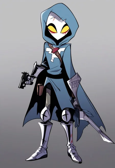 HCSV1, human, knight, tall,
1man, solo, full body, thick steel boots, silver gauntlets, metal face mask, silver mask, hooded cloak, small scratches on mask, yellow eyes, tunic, gradient background, pistol chest holster, looking at viewer, weapon back carryon