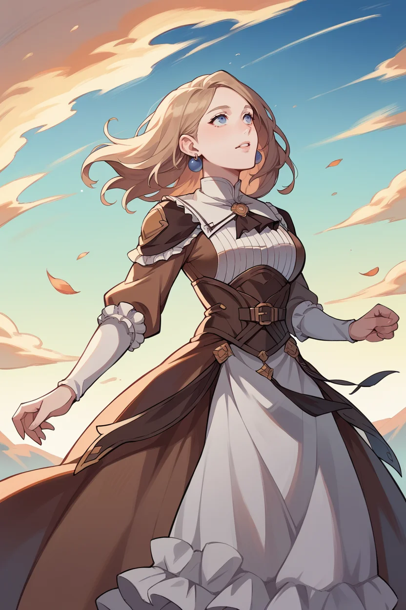 score_9, score_8_up, score_7_up, score_6_up, source_anime, 1girl, BREAK <lora:mercedes-pdxl-nvwls-v1:1> hopesMercie, blue eyes, medium hair, earrings, brown dress, ascot, corset, long dress, hair blowing in the wind, blue sky, sunset, looking up