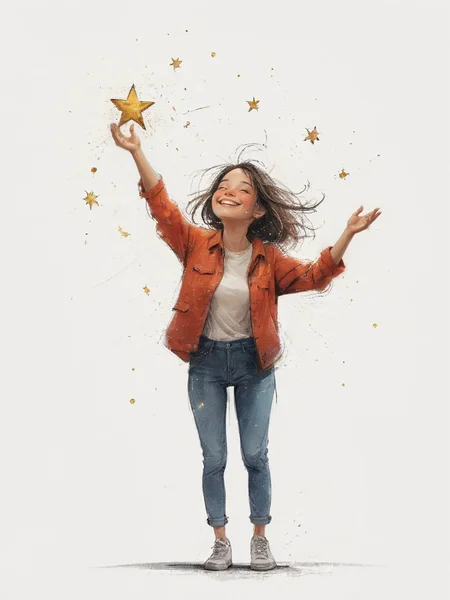 impactful color paint of cute drawing of happy woman catching sparkling stars in galaxy over white background,    <lora:Cute_Drawing:0.6>