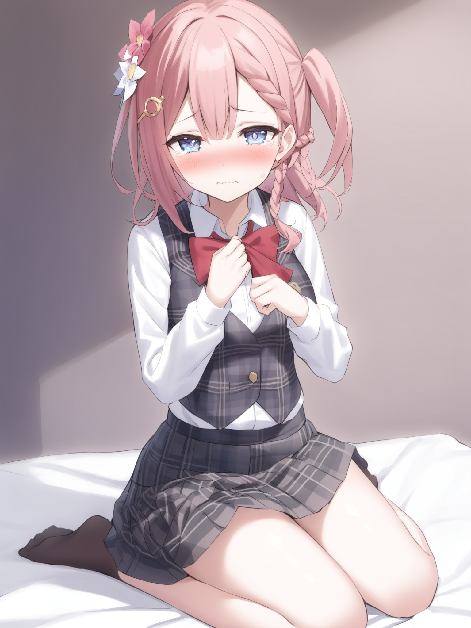 <lora:xl_asta(kohaku_delta)æµè¯åtagå¤å¶:1>,asta is a girl with short pink hair and blue eyes,1girl,solo,skirt,blush,red eyes,ascot,flower,sitting,vest,head wreath,plaid,plaid skirt,plaid vest,shirt,long sleeves,skirt set,wariza,tears,hair ornament,looking at viewer,clothes lift,seiza,wavy mouth,hair flower,skirt lift,sweatdrop,, masterpiece,best quality,