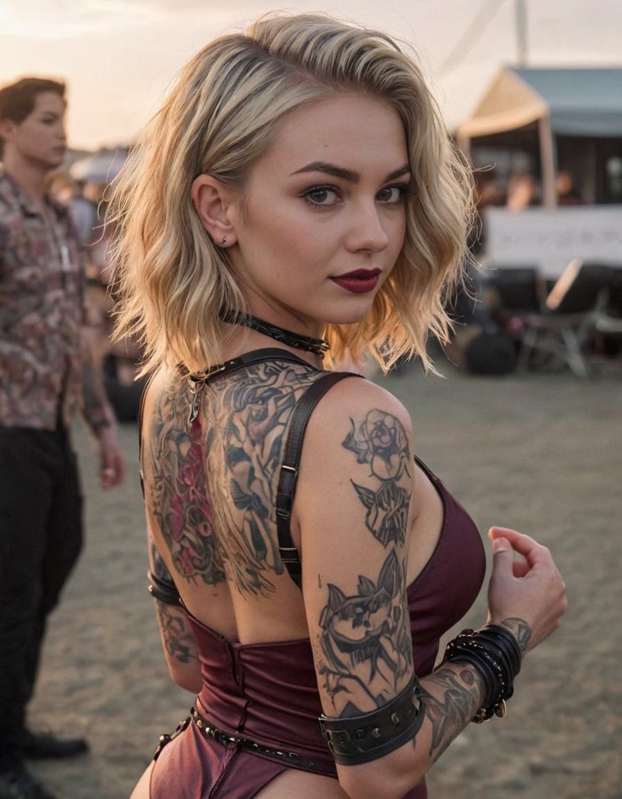 (medium shot, upper body:1.3) photo of a grinning, (perfect teeth:1.3) hopeful beautiful muscular young 22 year old (Islander:1.5) (punk:1.3) woman with medium blonde hair, grey eyes, (small breasts:1.3), big ass, (makeup, eyeliner, eyeshadow, lipstick:1.1), (pores:0.3), (goosebumps:0.5), (film grain:0.7), (tattoos:1.5).
She is wearing a (maroon silk dominatrix outfit, high heel sandals:1.1). 
She is seductively standing, facing away from viewer, showing ass, looking over shoulder at viewer at a goth music festival, outside, stage and rock band in background, sunset.
detailed skin texture, detailed cloth texture, detailed face, (intricate sharp details:1.5), ultra high res <lora:LCMTurboMix_DPM_SDE_Karras:0.85>