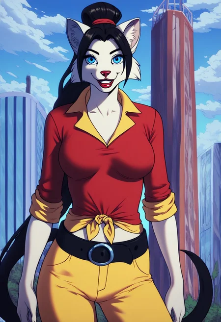 score_9, score_8_up, score_7_up, score_6_up, score_5_up, score_4_up, source_furry,detailed eyes, detailed face,LoraPXL,1girl, blue eyes, animal ears, very long black cat tail, red nose, red shirt, sky,yellow pants, ponytail, furry, belt, cat girl, open mouth, makeup, very long black hair, cat tail, animal nose, solo, tied shirt, furry female, cat ears, shirt, breasts, lipstick, cloud, smile