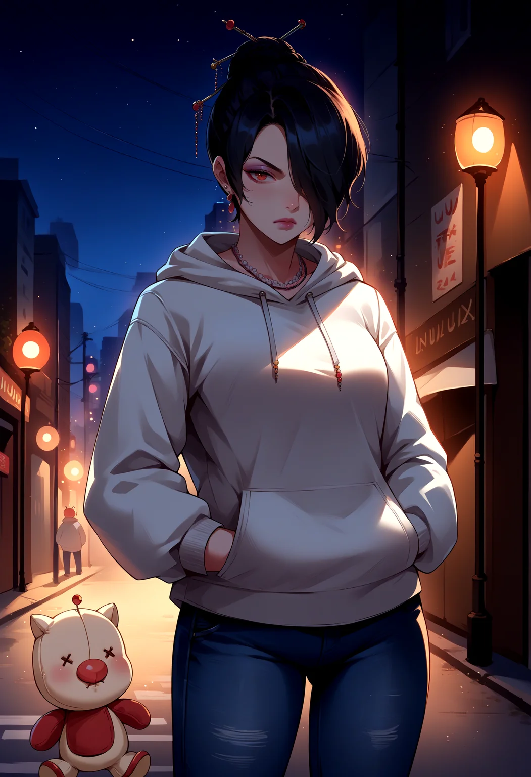 score_9, score_8_up, source_anime, 1girl, LuluX, jewelry, moogle, <lora:LuluX_XLPD:1>, hair over one eye, black hair, white hoodie, jeans, hands in pockets, night, outdoors, street,