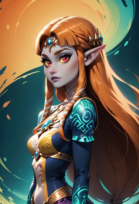 score_9, score_8_up, score_8,
medium breasts, cute, eyelashes ,
vivid, vibrant colors, color theory,
(zzTwilightZelda:1.1), glow, glowing, green glow, dark skin, grey skin, glowing tattoo, pointy ears, red eyes, orange hair, long hair, yellow sclera, princess zelda, 1girl, bangs, breasts, bridal gauntlets, closed mouth, expressionless, from side, jewelry, long hair, long sleeves,
(crazy abstract background),