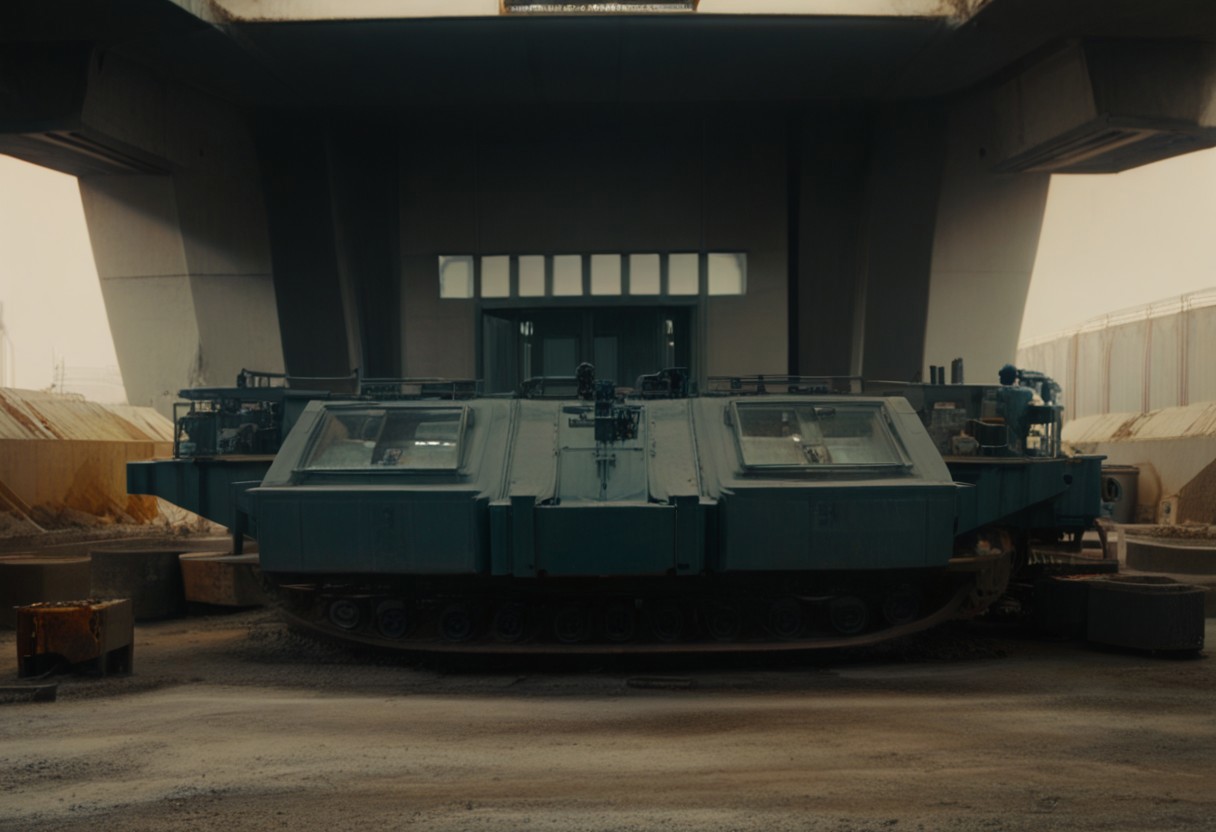 score_9, score_8_up, score_7_up, score_6_up, score_5_up, score_4_up, a large metal structure sitting in a construction area, a soldier is standing in front of a tank, a tower with a radio tower on top of it, monitor, hallway, Industrial_Futurism,