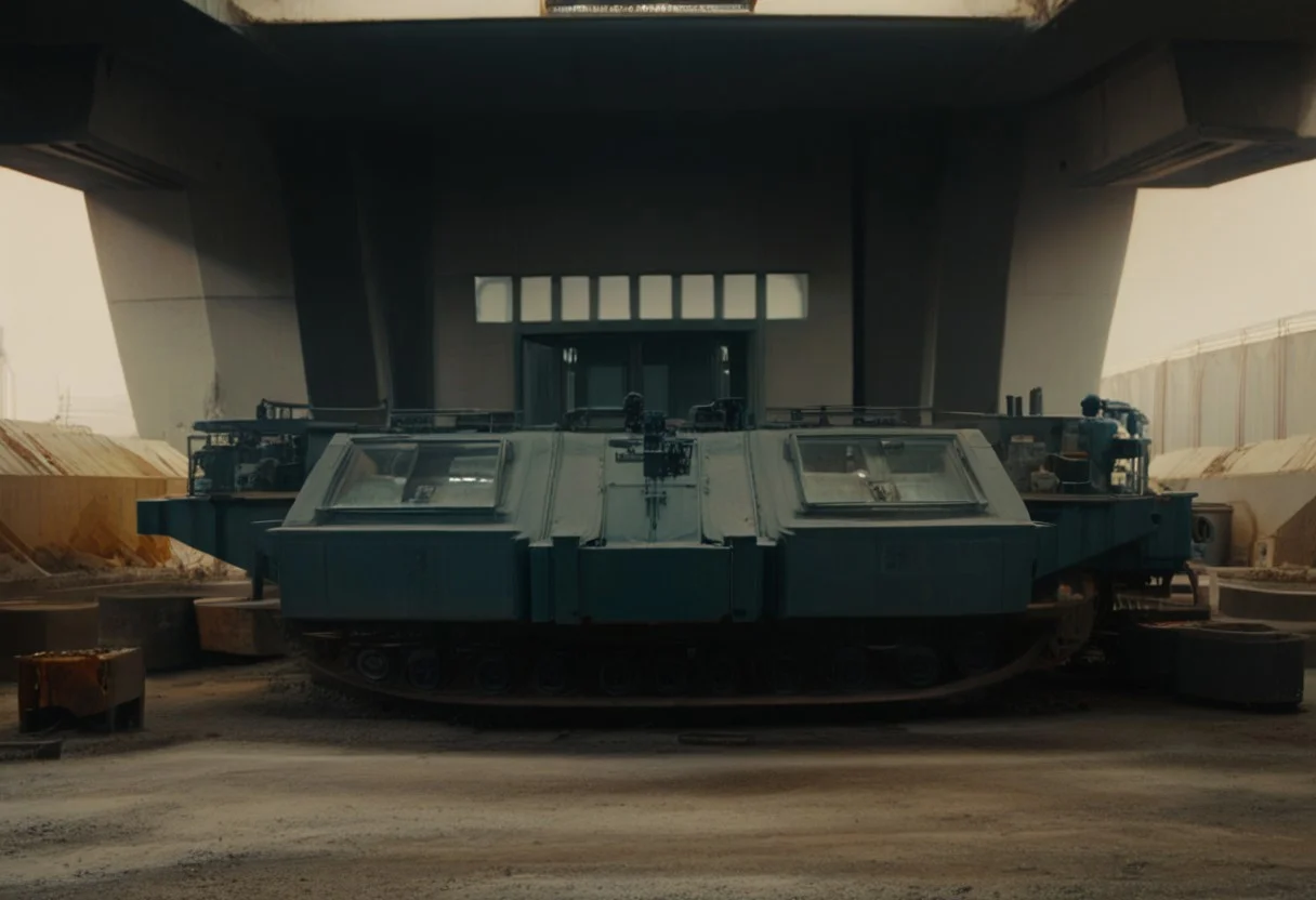 score_9, score_8_up, score_7_up, score_6_up, score_5_up, score_4_up, a large metal structure sitting in a construction area, a soldier is standing in front of a tank, a tower with a radio tower on top of it, monitor, hallway, Industrial_Futurism,