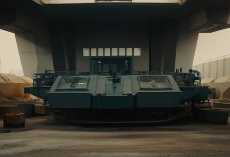 score_9, score_8_up, score_7_up, score_6_up, score_5_up, score_4_up, a large metal structure sitting in a construction area, a soldier is standing in front of a tank, a tower with a radio tower on top of it, monitor, hallway, Industrial_Futurism,