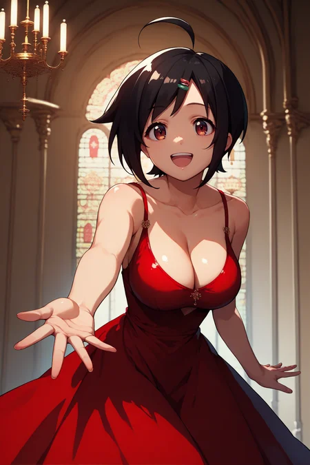 score_9, score_8_up, score_7_up, score_6_up, source_anime, 1girl, solo, <lora:sakuraitomoko-pdxl-nvwls-v1-000006:1> sakutomo, black hair, short hair, ahoge, hairclip, big breasts, red dress, cleavage, long dress, shiny clothes, mansion, chandelier, happy, outstretched hand