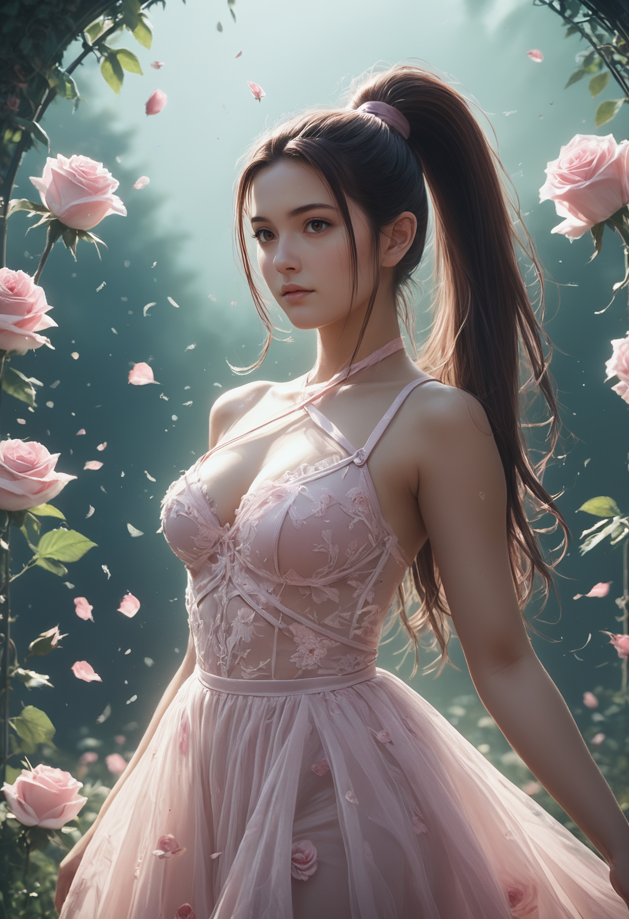 (((masterpiece))) , (((best quality))) , anime style, inked, 2d, 8k. 1 woman, the dress is surrounded by pink mist  <lora:heartmiststyle-000001:0.6> , 24yo woman, high ponytail, brown hair, long straight hair, brown eyes, she is in a magical garden with floating roses, close up. dancing in the mist, SeijSDXL <lora:SeijSDXL-000006:0.8>