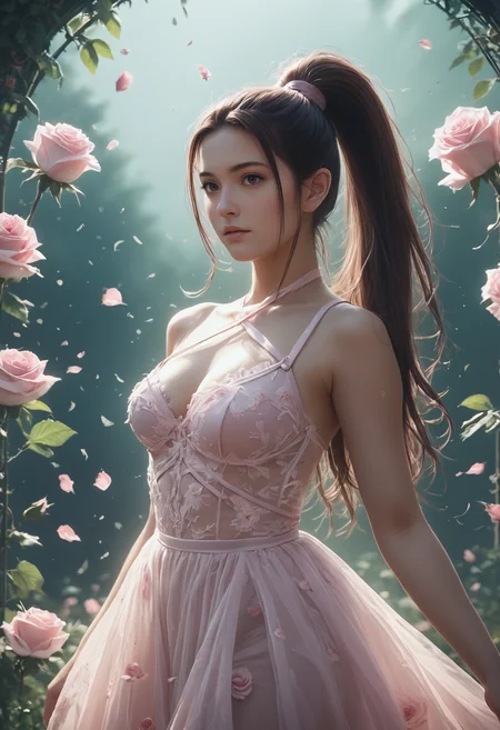 (((masterpiece))) , (((best quality))) , anime style, inked, 2d, 8k. 1 woman, the dress is surrounded by pink mist <lora:heartmiststyle-000001:0.6> , 24yo woman, high ponytail, brown hair, long straight hair, brown eyes, she is in a magical garden with floating roses, close up. dancing in the mist, SeijSDXL <lora:SeijSDXL-000006:0.8>