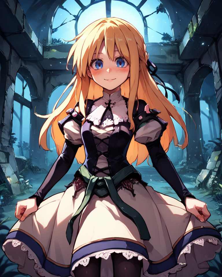 (score_9, score_8_up, score_7_up), source anime, indoors, forest, night, ruins, (night), stars, cosmos, <lora:backgroundsetXL:0.2> , background, woman ruins standing, female focus, blush, looking at viewer, <lora:HandFixer_pdxl_Incrs_v1:0.35> , handfixer, depth of field, highly detailed,(cowboy shot), <lora:Yggdra:0.8> , yggdef, 1girl, blonde hair, long hair, blue eyes, hair ribbon, ascot, juliet sleeves, black sleeves, dress, cross-laced clothes, cross-laced dress, lace-trimmed dress, lace trim, corset, black pantyhose, smile,  <lora:Manhwa-Artstyle__PonyXL__Shufflebox:0.5> , Manhwa-Artstyle, anime_source,