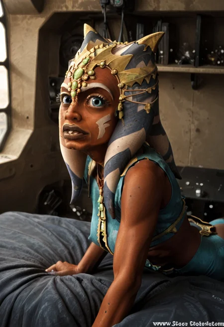 (((score_9))), ((score_8_up)), (score_7_up), raw lighting, dramatic lighting, cinematic lighting, realistic photo, Ahsoka Tano, perfect large breasts, fitness model muscles, frightened eyes, Staring at camera, Torn costume with exposed breasts, (((Ahsoka Getting Fucked Doggy Style By Watto))), Ahsoka having Doggy Style with Watto, Ahsoka having Sex From Behind With Watto, View from the side, highly detailed and intricate Sci-Fi Saloon Background