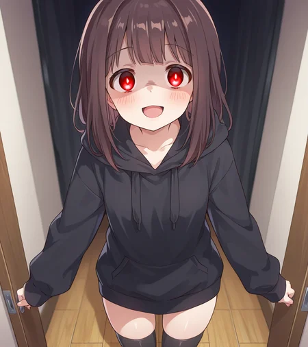 1girl,yandere,
shaded face, 
masterpiece, best quality    <lora:nanase_kurumi:1> nanase_kurumi,hoodie, black thighhighs,