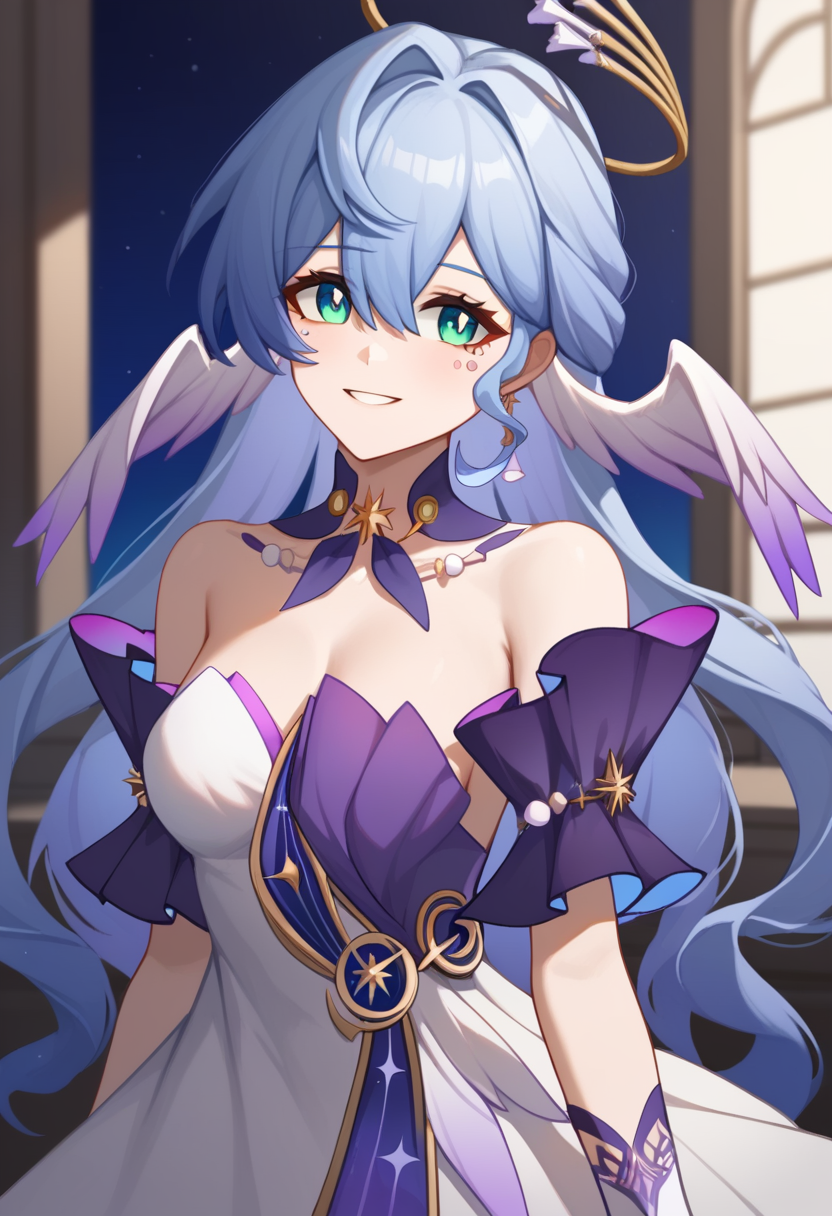 score_9,score_8_up,score_7_up,<lora:robin_pony:1>,1girl, solo, upper_body, grin, highres, robin_\(honkai:_star_rail\), parted_lips, short_sleeves, white_dress, hair_intakes, commentary, detached_sleeves, bare_shoulders, blue_choker, bird, strapless_dress