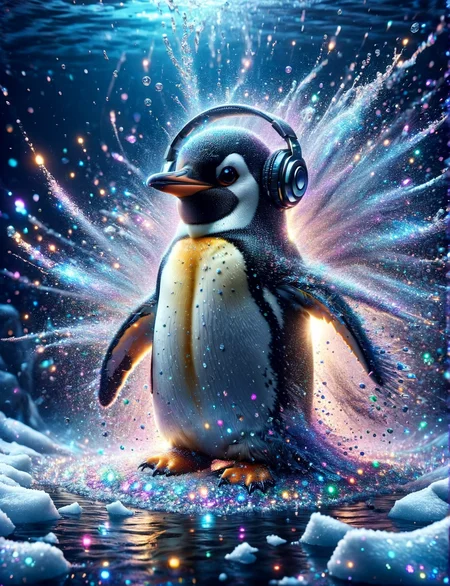 A ais-glttrbmb penguin having fun at the penguin silent disco on the frozen tundra <lora:ais-glttrbmb-sdxl:1>