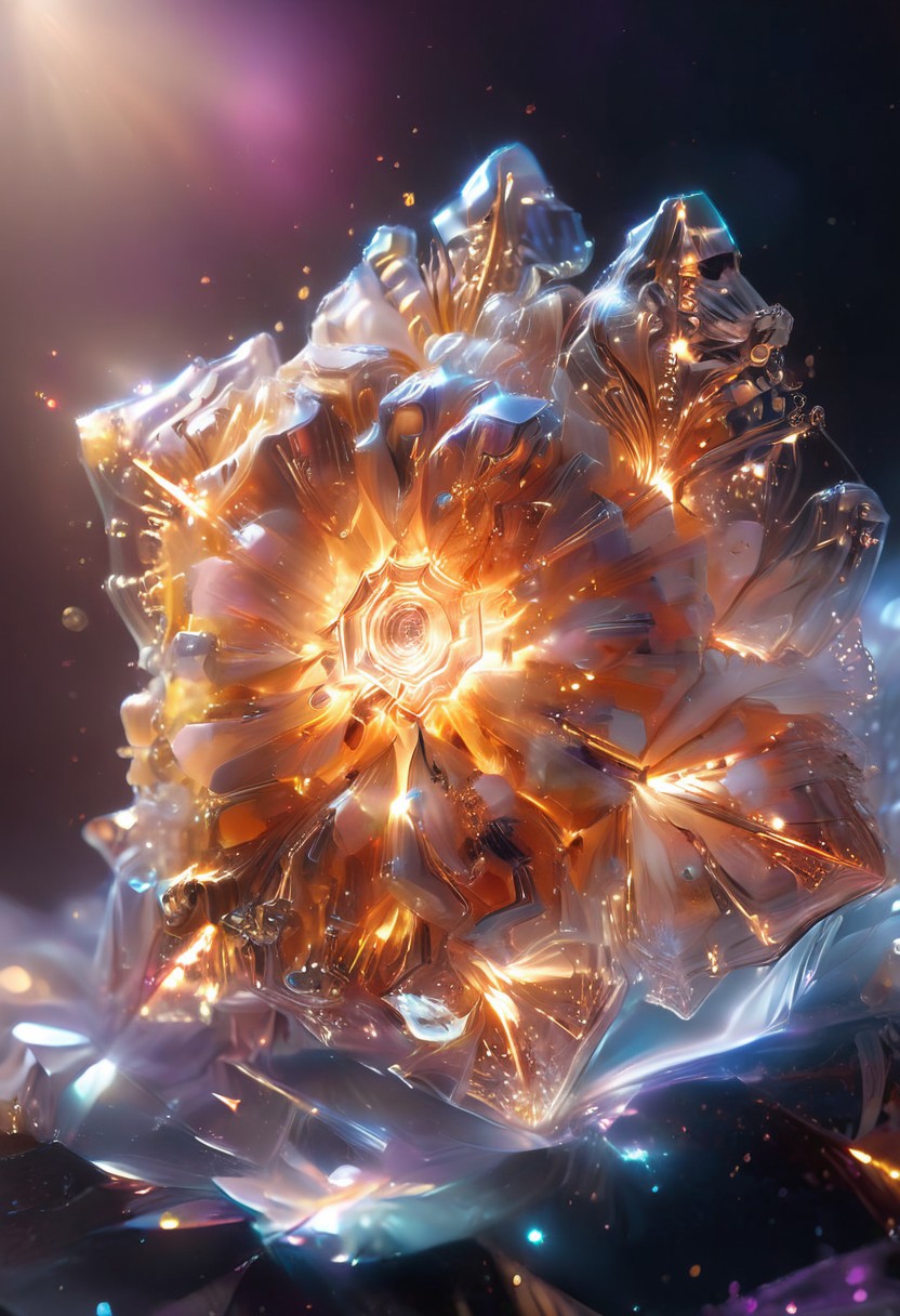 (high quality), (masterpiece), (detailed), 8K, An award-winning glowing snowflake, encased in a perfectly transparent glass bubble, floats delicately within a surreal winter setting. Its intricate, symmetrical crystalline patterns radiate a mesmerizing, golden luminosity, blending warm hues of amber, peach, and soft rose that glow softly through the glass. The bubble is adorned with delicate frost patterns along its edges, reflecting and refracting the snowflake’s warm light, casting a magical aura on its surroundings. Encased within, the snowflake sparkles with fine detail, as if suspended in time, evoking feelings of joy, serenity, and wonder, captivating all who witness this breathtaking masterpiece, glowneon, geometric, sparks, GlowingInk