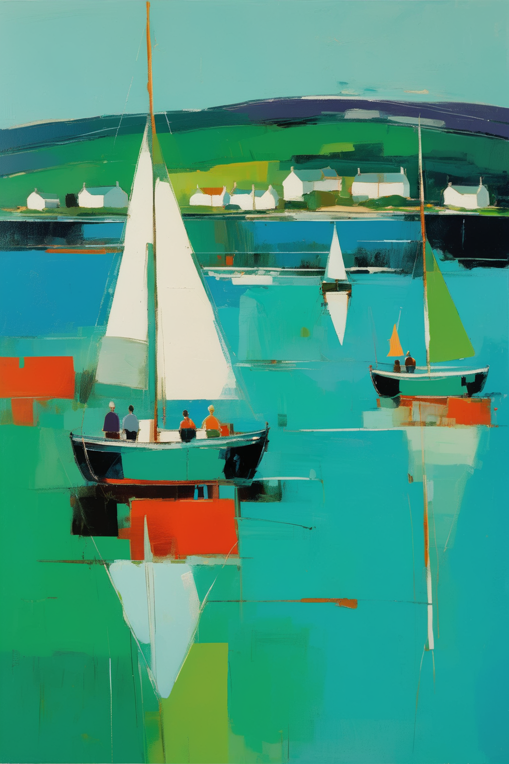 <lora:Raimonds Staprans Style:1>Raimonds Staprans Style - 102064. A painting by Raimonds Staprans. A painting of Helensburgh and the Clyde Sea Lochs captures the mesmerizing scenery and peaceful ambiance of this Scottish coastal town through a striking combination of geometric shapes and rich hues. The inviting scene portrays a group of sailing boats gently floating on the mirror-like waters, framed by the verdant hills and elegant Victorian architecture of Helensburgh, portrayed in bold, abstract forms and luminous shades of blue, green, and gold. The composition evokes a sense of tranquility and the timeless allure of this captivating sailing destination.