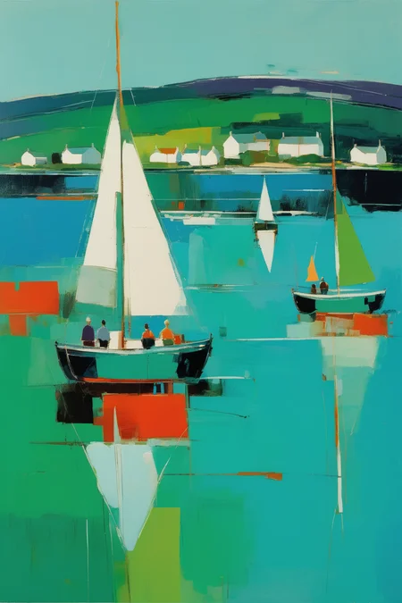 <lora:Raimonds Staprans Style:1>Raimonds Staprans Style - 102064. A painting by Raimonds Staprans. A painting of Helensburgh and the Clyde Sea Lochs captures the mesmerizing scenery and peaceful ambiance of this Scottish coastal town through a striking combination of geometric shapes and rich hues. The inviting scene portrays a group of sailing boats gently floating on the mirror-like waters, framed by the verdant hills and elegant Victorian architecture of Helensburgh, portrayed in bold, abstract forms and luminous shades of blue, green, and gold. The composition evokes a sense of tranquility and the timeless allure of this captivating sailing destination.
