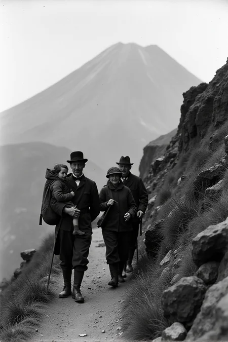 Mountain guides carry a rich lady who wanted to climb Vesuvius in 1910. Kingdom of Italyâââ