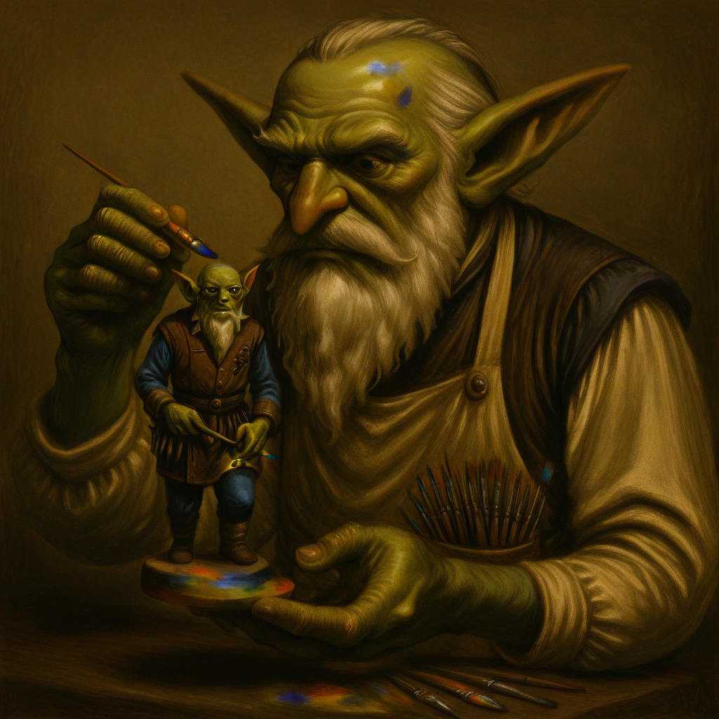 masterpiece, best quality, newest, absurdres, highres, 1boy, RGV1.0-IL Gremlin, green skin, colored skin, beard, white beard, facial hair, goblin, paintbrush, miniature, miniature painting, painting miniature, holding, holding paintbrush,