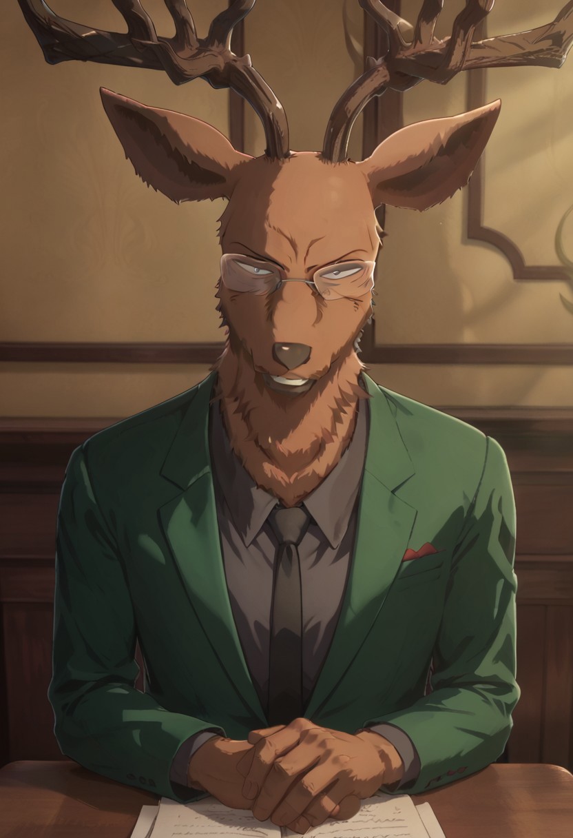 score_9_up, score_8_up, score_7_up, Masterpiece, best quality, high quality, detailed, male, solo male, 1boy, Oguma, mature male, anthro, deer, reddish brown body, black eyes, beastars, antlers, animal ears, broad shoulders, athletic build, glasses, looking at viewer, scowl, sitting at desk, gray shirt, black tie, green suit, half body, volumetric lighting