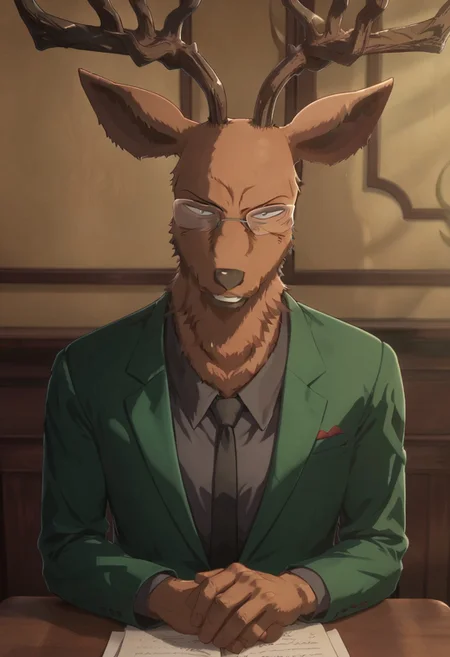 score_9_up, score_8_up, score_7_up, Masterpiece, best quality, high quality, detailed, male, solo male, 1boy, Oguma, mature male, anthro, deer, reddish brown body, black eyes, beastars, antlers, animal ears, broad shoulders, athletic build, glasses, looking at viewer, scowl, sitting at desk, gray shirt, black tie, green suit, half body, volumetric lighting