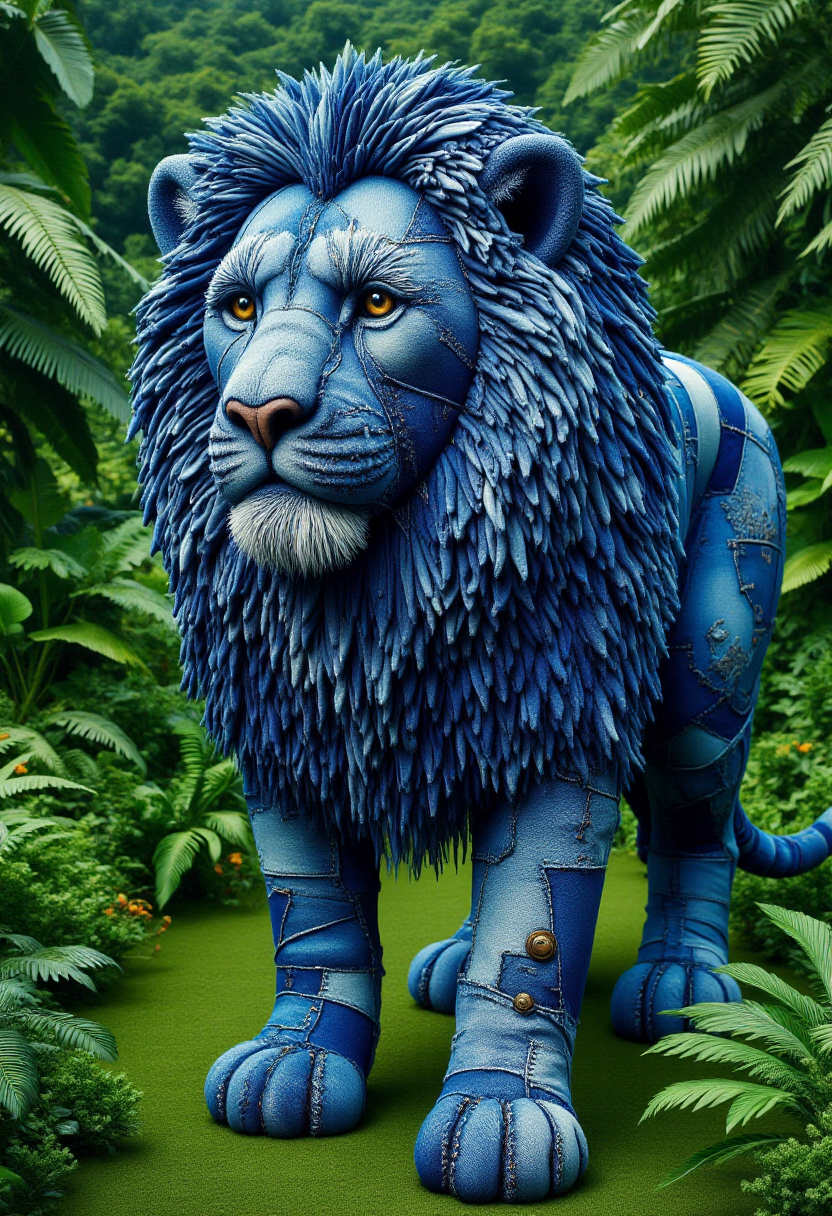 <lora:Denim_Dreamer_FLUX-000021:0.9>  
The image is a CGI rendering of a lion designed to resemble a patchwork quilt made from denim fabric, complete with a whimsical, surreal jungle aesthetic.