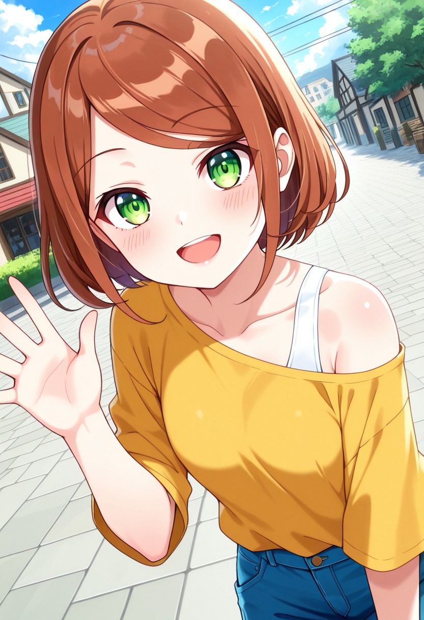 general,highres, ultra-detailed,very aesthetic,best quality ,best hands,best eyes,easynegative,
dynamic anglre, dutch angle, anime cloring,
1girl solo,looking at viewer,outdoors, smile,open mouth, town,waving hand, 
Amane,brown_hair, short_hair, green_eyes, small breasts, petite, short body,bare shoulder shirt, pants,