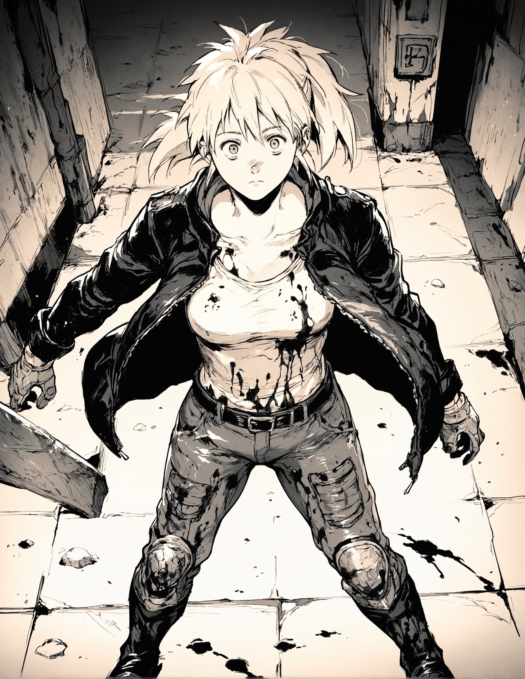 score_9, score_8_up, score_7_up,score_6_up,high resolution,qhayastyle,monochrome,greyscale,nikaido,blonde hair,ponytail,jacket,pants,belt,boots,street,rim lighting,dof,solo,pov,dirty,blood,from above
