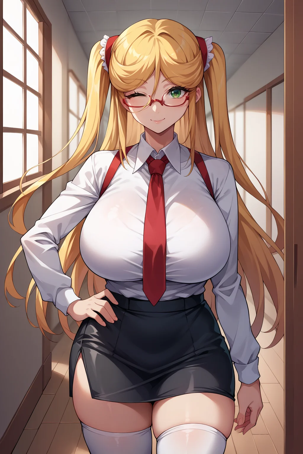 score_9, score_8_up, score_7_up, score_6_up, source_anime, 1girl, solo, <lora:kosaka-pdxl-nvwls-v1-000005:1> defKosaka, blonde hair, two side up, long hair, glasses, large breasts, white shirt, red necktie, collared shirt, black skirt, white thighhighs, hand on hip, looking at you, wink, hallway