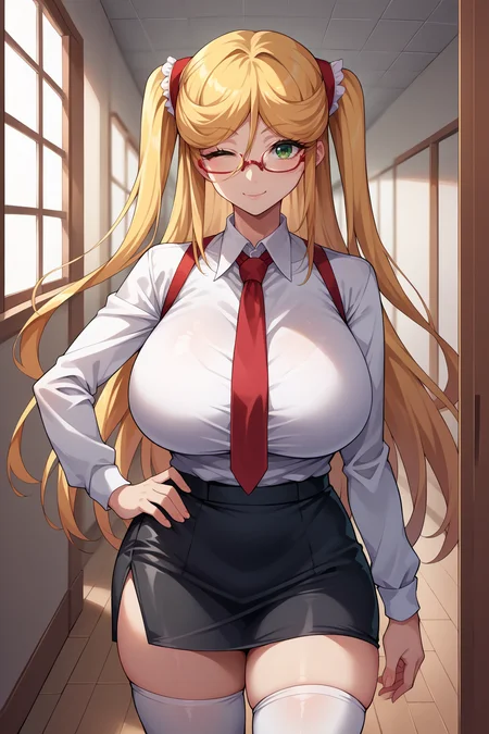 score_9, score_8_up, score_7_up, score_6_up, source_anime, 1girl, solo, <lora:kosaka-pdxl-nvwls-v1-000005:1> defKosaka, blonde hair, two side up, long hair, glasses, large breasts, white shirt, red necktie, collared shirt, black skirt, white thighhighs, hand on hip, looking at you, wink, hallway