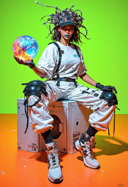 A highly detailed hyper-realistic digital illustration in cyberpunk aesthetics, featuring a woman with light brown skin and striking blue lips, her bowl cut hairstyle sharply trimmed on the sides, adding to her futuristic look. She wears a surreal, avant-garde cyberpunk headdress, a sculptural creation of intertwining metallic wires and glowing LED strips that twist and pulse with an ethereal light, blending organic and mechanical elements in a way that defies traditional design. Her outfit includes a military-inspired oversized full-sleeve t-shirt, layered beneath a white oversized synthetic coverall equipped with numerous pockets, black straps, and a high-tech gadget belt. The high-waist trousers complement her bold style, while her white sneaker boots are accented with electric blue, glowing vibrantly, adding an electric pop to her look. She sits confidently on a washing machine, facing the viewer in a poised yet dynamic pose. Her hands are gloved in sleek black material, and her left hand holds an iridescent orb, its surface shimmering with light-reflecting properties that add a magical quality to the scene. The floor beneath her glows in a vibrant orange, contrasting with the lime green background, creating a vivid, futuristic atmosphere. The illustration captures every detail in sharp focus, from the textures of her clothing to the gleaming orb, conveying a stunning blend of realism and cyberpunk fantasy. (anime
cyberpunk
mythp0rt)