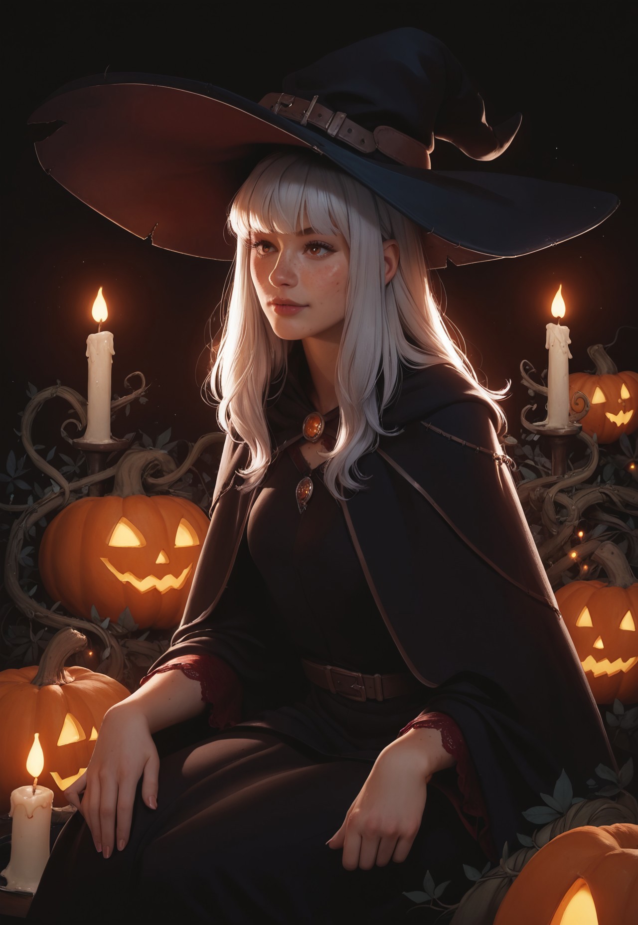 safe_pos, 1girl, silver hair, red lace robes, witch, witch hat, 

magic, glowing, lighting, sitting, Halloween pumpkins, candles, vines, moss, 

long hair, bangs, small breasts, freckles, freckled,

simple ethereal dark background, glowing orange  constellations, upper body, 

score_8, score_9_up,