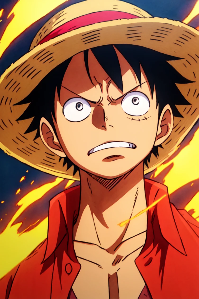 1boy, wanostyle, monkey d luffy, angry looking, straw hat, looking at viewer, solo, upper body, (((masterpiece))), ((best quality)), (extremely detailed), watercolor, illustration, depth of field, sketch, dark intense shadows, sharp focus, soft lighting, hdr, colorful, good composition, fire all around, spectacular, closed shirt, anime screencap <lora:wanostyle_2_offset:1>