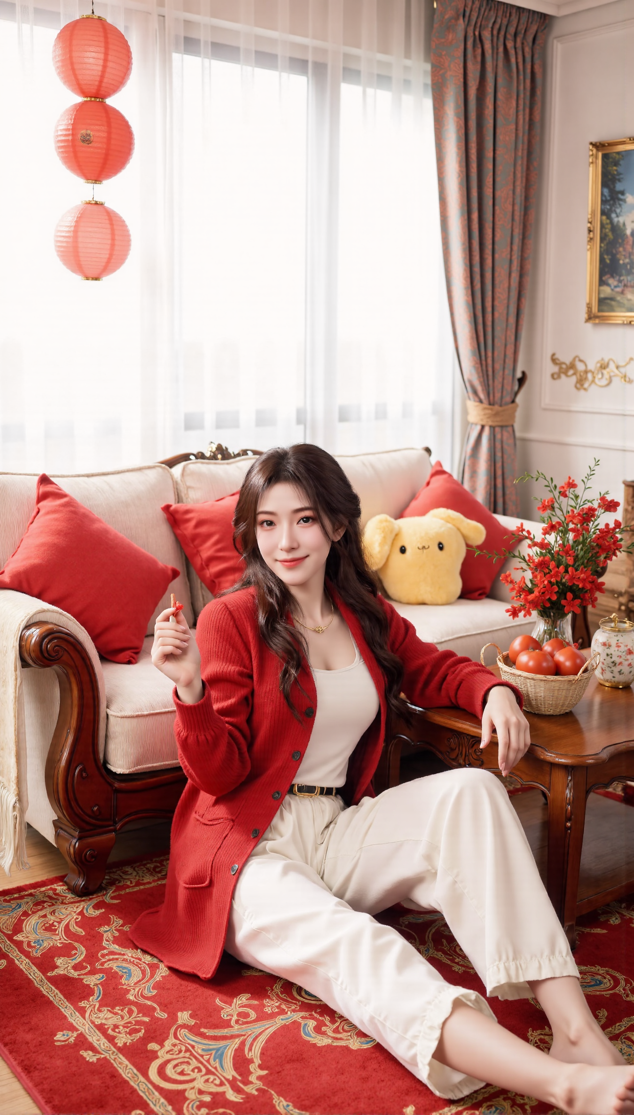 Photos of the Chinese New Year,Xnangongwan,Xyaoxi,Xxiaolan,Xningyudie,XliwuwanH,Photos of the Chinese New Year,The image shows a young woman sitting on a red and white checkered floor in a living room. She is wearing a red cardigan over a white top and white pants. She has long dark hair and is smiling as she holds a red lollipop in her hand. On the right side of the image,there is a wooden coffee table with a vase of red flowers and a basket of tomatoes. Behind the woman,there are two red heart-shaped pillows and a yellow stuffed animal. The room has a large window with white curtains and a painting hanging on the wall.,(huge breasts:2.99),(full breasts:2.99),Chinese traditional Spring Festival theme background,lanterns,New Year couplets,window decorations,Fireworks Show,