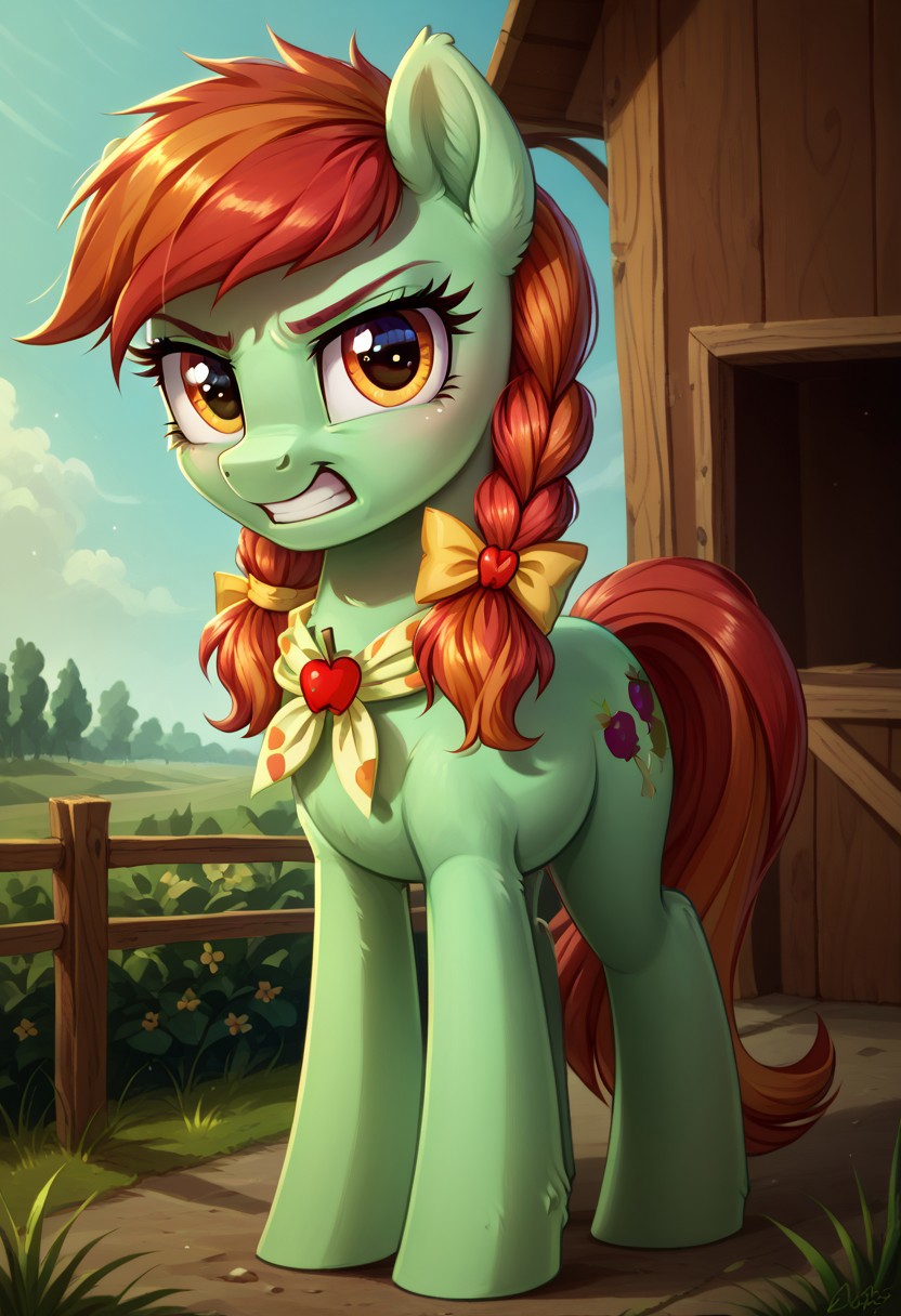 safe_pos, safe_pos, score_9, score_8_up, score_7_up, score_6_up,
Candy Apples, the earth pony's body is green, its hair and tail are pearly pink, two pigtails are tied in yellow bows, and its eyes are dark orange, female


realistic illustration, spectacular angle, in the house , (day), 1 girl, solo, pony, my little pony, body, shiny skin, looking at you, unhappy, angry
solo