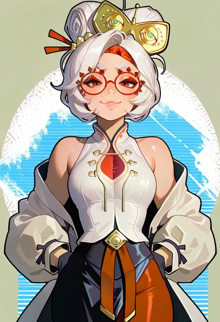 masterpiece, best quality, purah, white hair, red eyes, hair ornament, red headband, red glasses, sleeveless shirt, white coat, black skirt, red leggings, looking at viewer, smug, abstract background, gloves, lips, ,<lora:IckpotIXL_v1:1.0>,