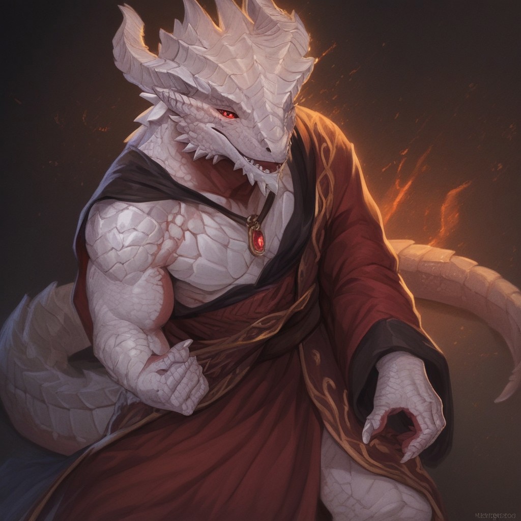 score_9, score_8_up, score_7_up, score_6_up, semi-realistic artwork, high quality, vibrant colors, best quality rendering, intricate details, high resolution, sharp focus, best render quality,solo,Sollyz Style
The dark urge, scalie, reptile, dragonborn , male, mature male,male anthro dragon, white body, detailed eyes,red schlera, red eyes, beefy,scales, dragon tail, horns, masculine, bodybuilder, white_scales,furry, dragonborn,glowing eyes,grand robe