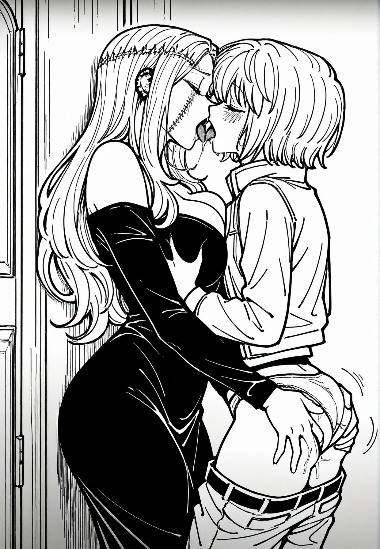 masterpiece,best quality,amazing quality,very aesthetic,absurdres,newest, huge filesize,
<lora:spo_sdxl_10ep_4k-data_lora_webui:0.5>,
<lora:add-detail-xl:1> hunter x hunter, official art, 
cute face, french kiss, 2girls, closed eyes, enjoy,tongue out, happy sex, yuri, ass grab, grabbing another's breast, breast press, saliva, saliva trail, open mouth, 
BREAK
cute face, french kiss, 2girls, closed eyes, enjoy,tongue out,  happy sex, yuri, ass grab,  breast press, saliva, saliva trail, open mouth, 
grabbing breast, 
<lora:HUNTERHUNTER___Morena_____borksen:1>Morena,
h_Morena,
mature female, black dress,forehead, 
monochrome,greyscale,
long hair,
scar,piercing,
stitches,
ear piercing,
ollarbone,full body,
BREAK
cute face, french kiss, 2girls, closed eyes, enjoy,tongue out, happy sex, yuri,  breast press, saliva, saliva trail, open mouth, 
fingering, 
white open jacket, panties, 
greyscale,embarrassed, 
solo,monochrome,
short hair,long sleeves,
pants,jacket,
h_borksen,