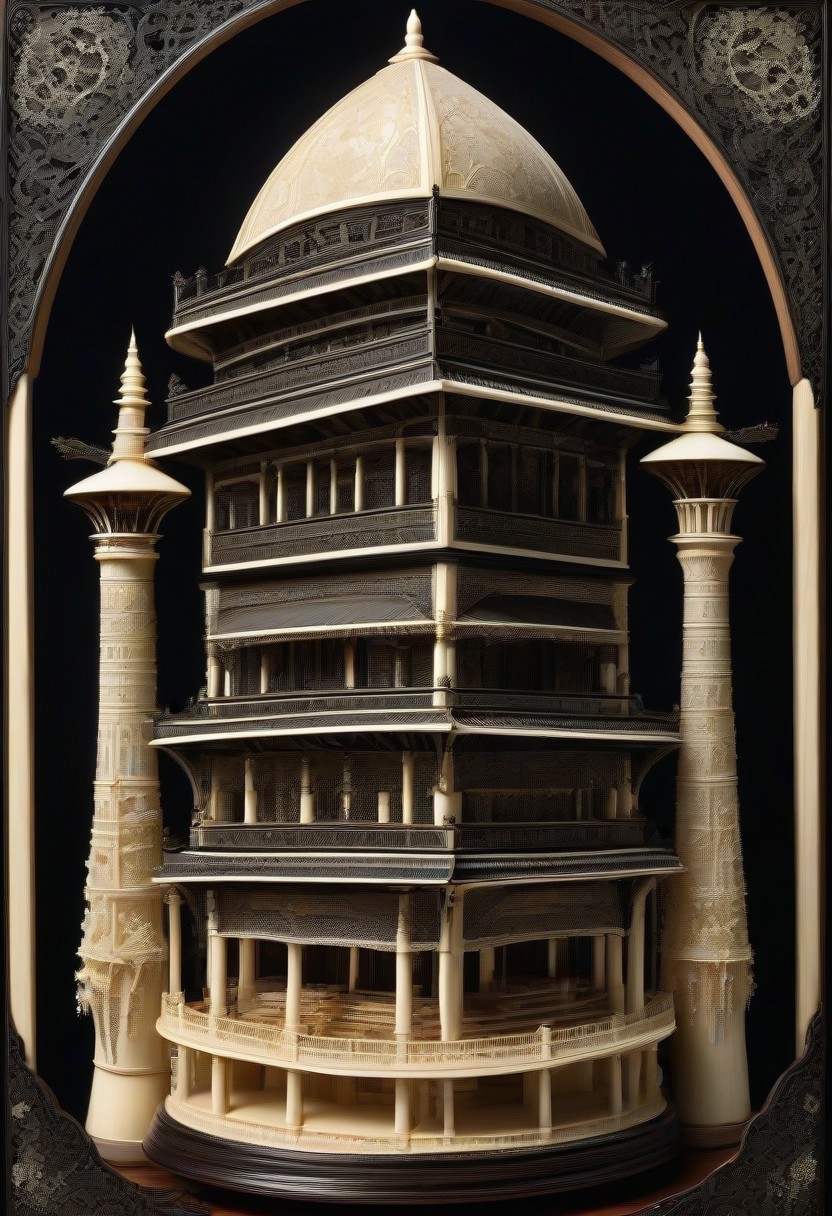 (masterpiece, detailed:1.2), best quality, intricate tower, made out of, ebony, ivory, scrimshaw, bone carving