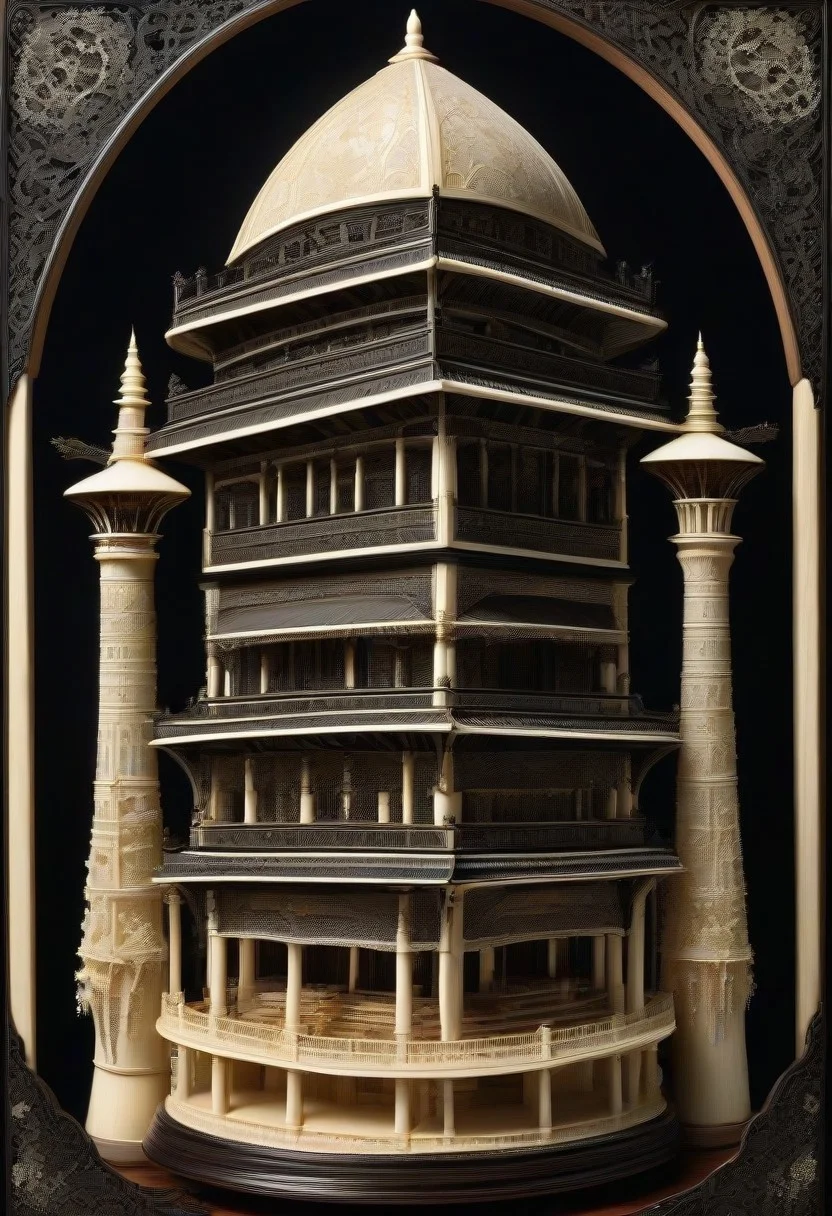 (masterpiece, detailed:1.2), best quality, intricate tower, made out of, ebony, ivory, scrimshaw, bone carving