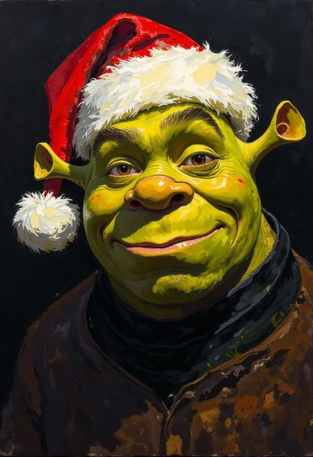 oil painting of a shrek with wearing a christmas hat and wearing a black turtleneck. visible brushstrokes, atmospheric haze, low key, moody lighting,watercolors,DB4RZ, DB4RZ style painting