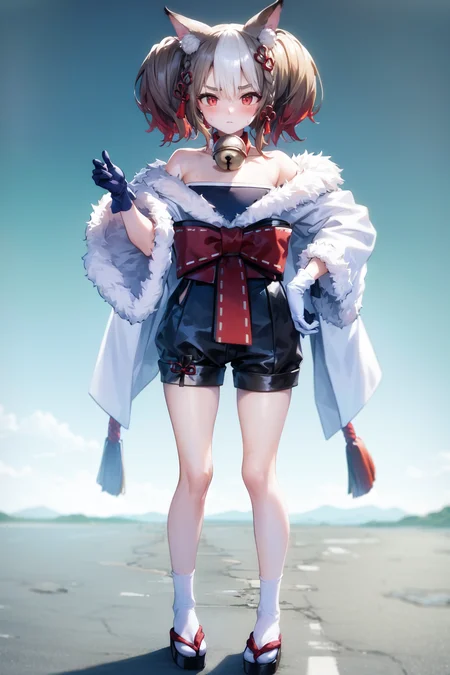 <lora:sekkatest:1>, 1girl, standing, full body, (highres, realistic, best quality, masterpiece, ultra-detailed, textured, ambient lighting, cinematic lighting), animal ears ,1girl , fox ears ,bangs , red eyes , multicolored hair , twintails , animal ear fluff ,brown hair , hair ornament ,bell , solo , looking at viewer ,braid ,neck bell , fox girl , jingle bell ,gloves , fur trim , ribbon ,two-tone hair ,japanese clothes ,off shoulder ,bare shoulders ,collar ,bow ,long sleeves , streaked hair ,blush , black gloves , tail ,white hair , fox tail , kimono ,wide sleeves , red bow , red ribbon ,multiple tails , red hair , collarbone , hair ribbon , short hair , choker , socks , shorts , ribbon trim , sash , black shorts , rope , small breasts , white kimono , fur-trimmed sleeves , tabi , black footwear , black socks , gradient hair , v-shaped eyebrows , dress ,sandals , hair between eyes , obi , medium hair , grey hair , thick eyebrows , short twintails , strapless , sweat , shimenawa , outdoors , fur-trimmed kimono kitsune, cloth, satin, silk, fur,