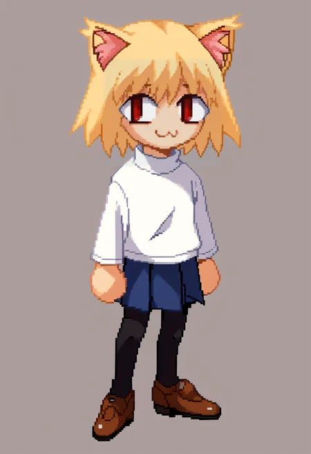 score_9, score_8_up, score_7_up, source_anime, BREAK, solo, 1girl, looking at viewer, <lora:Guilty-Gear-SpritesV2-pdxl_Fp:1>, simple background, full body, pixel art, standing, <lora:necoarc-guy-PONYv1_1:1>, necoarc, blonde hair, red eyes, slit pupils, cat ears, :3, chibi, turtleneck, white shirt, blue skirt, pleated skirt, pantyhose, brown footwear