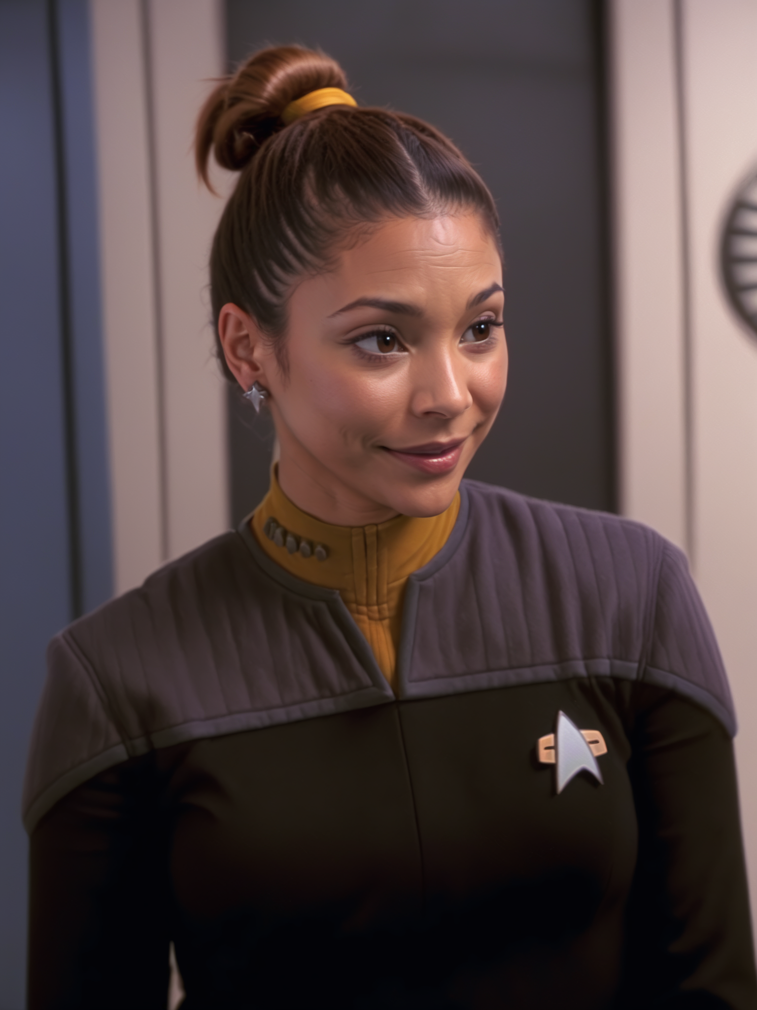 latino woman,brown hair,ponytail,black and grey ds9st uniform,yellow collar,in a hallway<lora:DS9XLV21_16-000004:0.8>