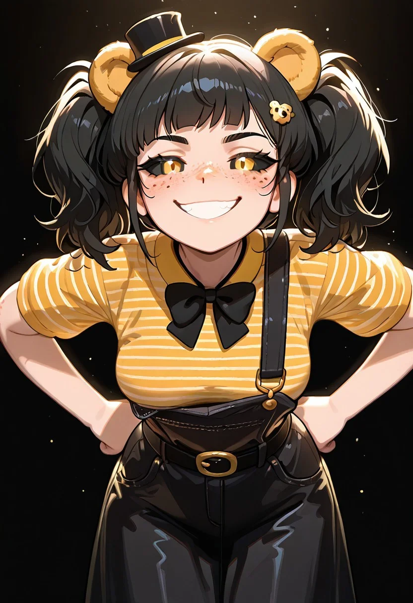 masterpiece, best quality, amazing quality, very aesthetic, absurdres, newest, detailed background, foreground blur, (( cartoon, )),
cassidythat, 1girl, solo, black hair, striped yellow shirt, twintails, hair ornament, black bowtie freckles, short sleeves, belt buckle,, black skirt overalls, medium breasts, hands on hips,
, black background, yellow bear ears, black sclera, leaning forward, black top hat, mini top hat, evil smile, evil grin, teeth,