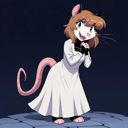 score_9, score_8_up, score_7, source_comic, Maude(JG), Solo, 1girl, anthro, female furry, Possum, American opossum, white fur, brown hair, black ears, black neck, pink nose, green eyes, rat tail, fangs, full body, looking at viewer, white dress, standing, cute smile, hands together, white background,