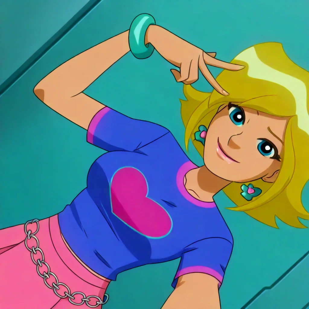 1girl, solo, cartoon, totally_spies_2k24, cl0ver, blonde hair, blue eyes, dark blue t-shirt, heart-shaped logo, pink skirt, teal earrings, teal bracelet, chain belt, sexy, big breasts, selfie, smile, high angle