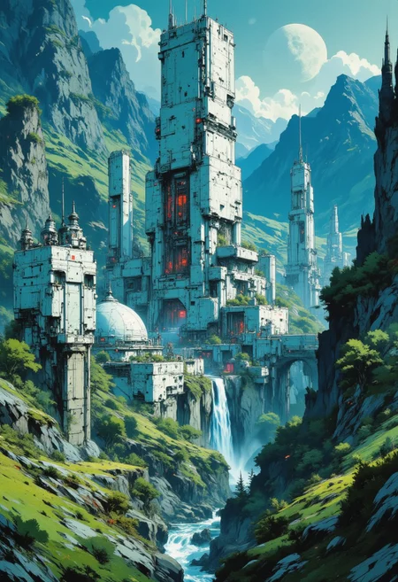 OBxiaoxiang, CAICO, inksketch blue and white theme, Abstract digital painting in the style of ck-js, detailed photorealistic image, a sci-fi cityscape of colossal buildings and towers in a green lush landscape, situated in a green valley bounded by mountain slopes, white ceramic surfaces with high-end circuitry, red glowing diodes and lights, large depth of field. The sky is a dark blue, with a moon hanging low in the horizon