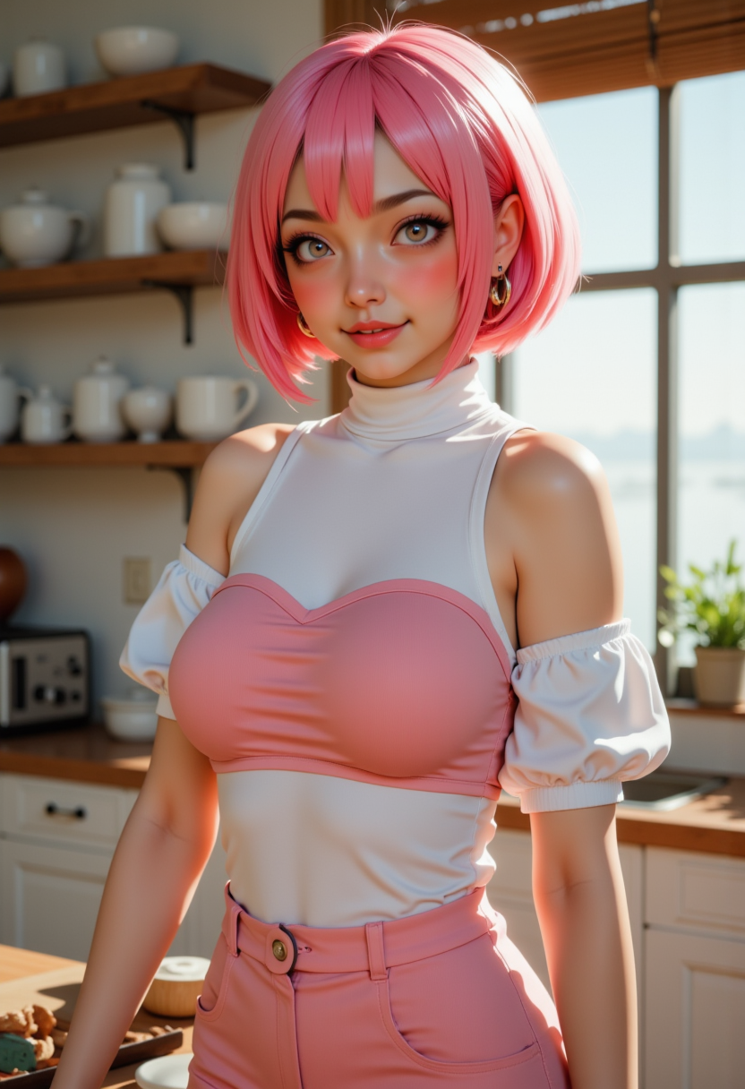 a beautiful woman,from the knees up,Hyperrealistic, she is smiling, dynamic angles, multiple angles, photoshoot poses; A photo of CAIChan, a woman with short pink hair, she has massive breasts, a beautiful girl.she has massive breasts,busty breasts, she has piercing eyes,She is wearing a pink and white dress, she is standing in a posh kitchen making cookies at the kitchen island. a dynamic pose and a sense of action. and the lighting is soft, creating a dramatic effect, creating a focused and dynamic pose.; the scene is set in a beautiful well-lit environment, with a sense of action and adventure. Style: realistic hyper-detailed rendering, 32k UHD, expressive eyes, punk, graphic design, girl's face, pretty and cute, gleaming lips, telling a tale of adventure. Exuding confidence and serenity. The overall mood of the image is happy and relaxed, detailed skin texture,(blush:0.2),(goosebumps:0.3), subsurface scattering,with a playful and whimsical tone,perfect hand, hand, detailed hand,niji style,retro50s_style,